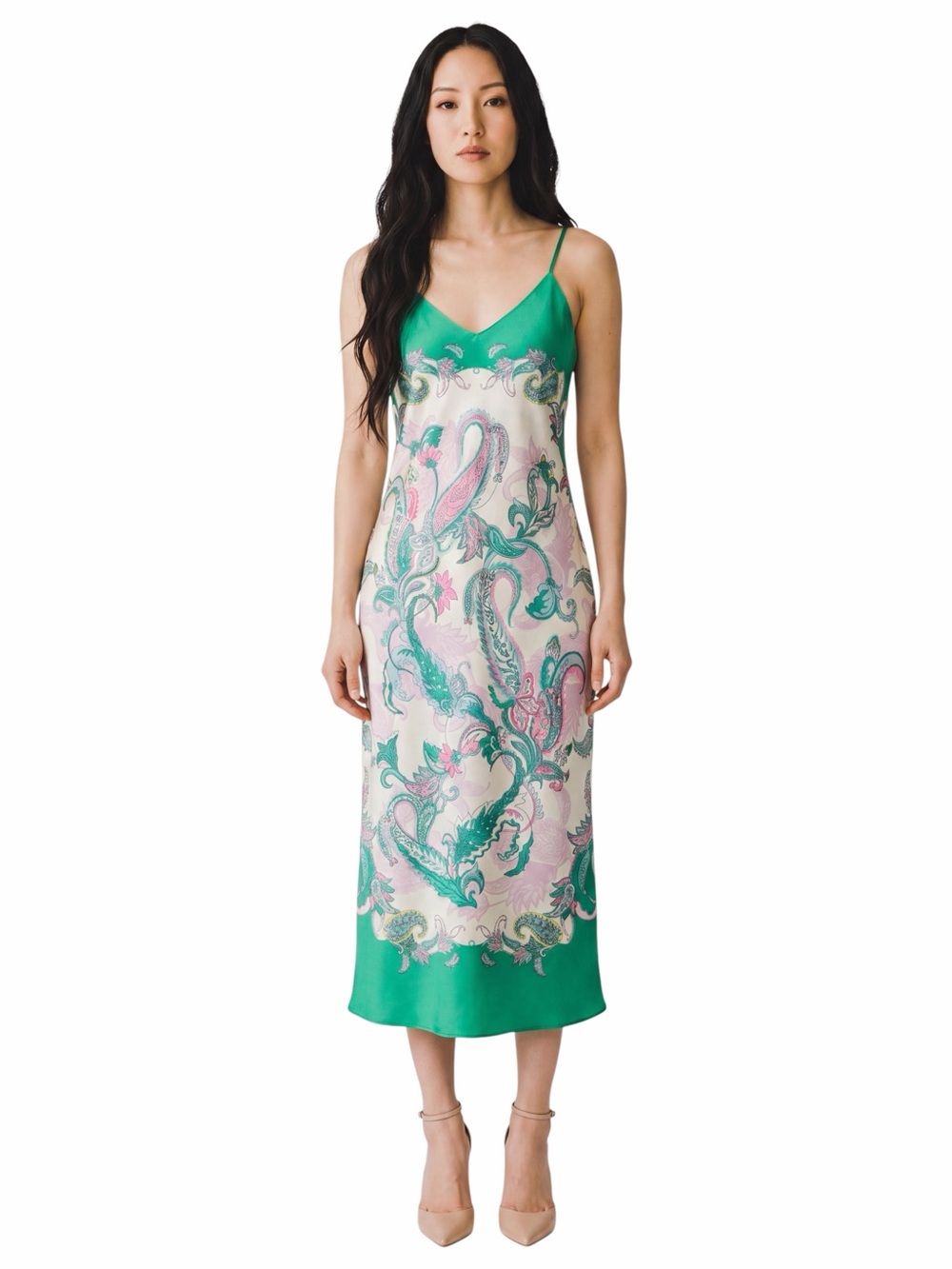Gianni Bini Harper Satin Printed V-Neck Sleeveless Slip MIDI Dress. Size 2.
